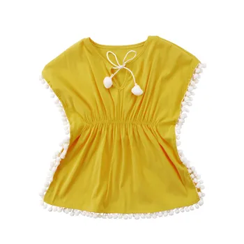

Kids Beach Dress 2019 New Summer Baby Girls Dress Beach Cover Up Sundress Flower Fringe Dresses Yellow Pink Tassels Swim Wear