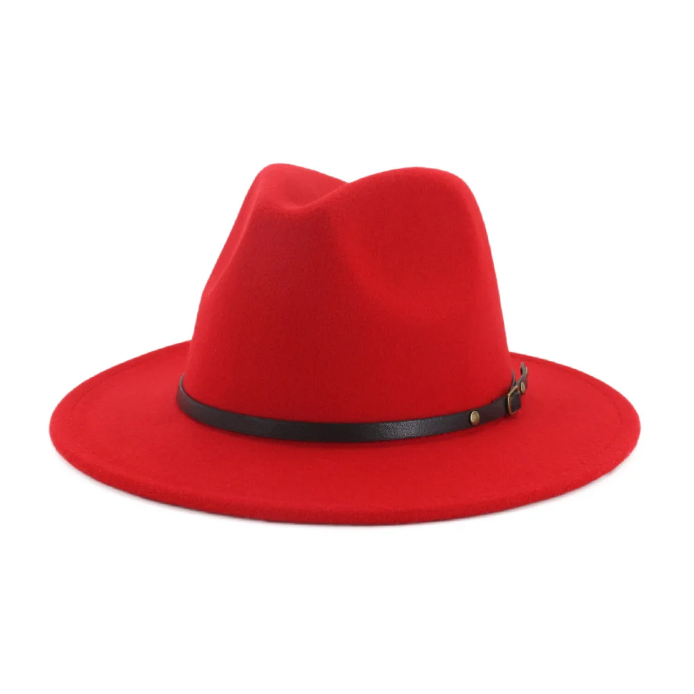 Фетровые шляпы унисекс с плоскими полями, шерсть, фетр, с поясом, красный, черный, пэчворк, джаз, официальная шляпа, Панама, шапка Трилби, шапка для мужчин и женщин