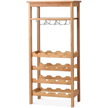 

16 Bottles Bamboo Storage Wine Rack with Glass Hanger Horizontally Placed Design Shelf with natural Bamboo Texture HW59431