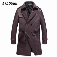 AILOOGE зимняя куртка двубортное длинное кожаное пальто мужские Jaqueta Couro Masculina тренчи мужские s пальто с поясом