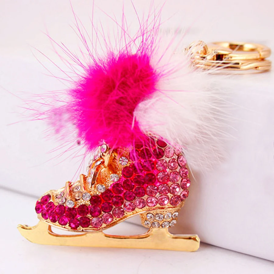 

Beautiful Crystal Fur Ball Skates Shoes Keyrings pompom Key Chains Holder Purse Bag For Car Women Gift Keychains Jewelry R091