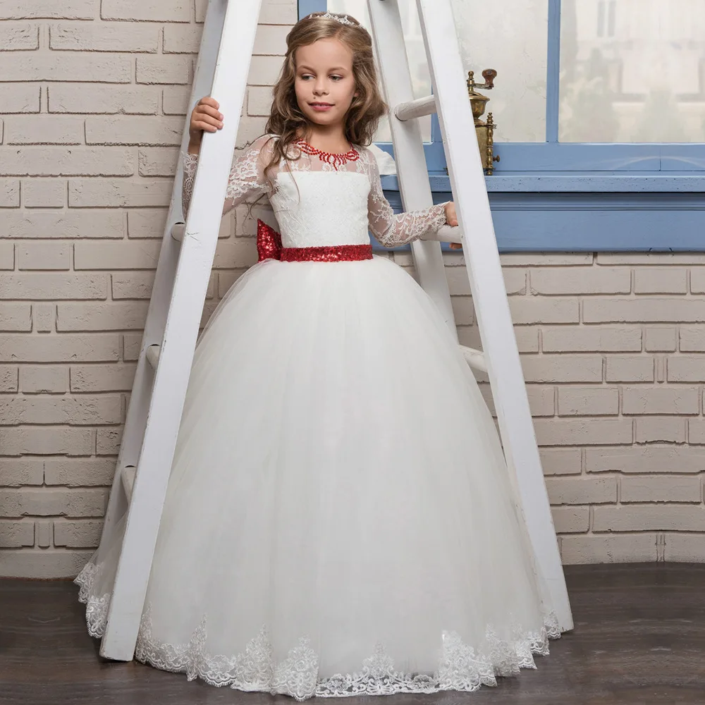 Бальное платье принцессы; белое кружевное платье с длинными рукавами и цветочным узором для девочек на свадьбу; красное платье с поясом со стразами; платье для первого причастия