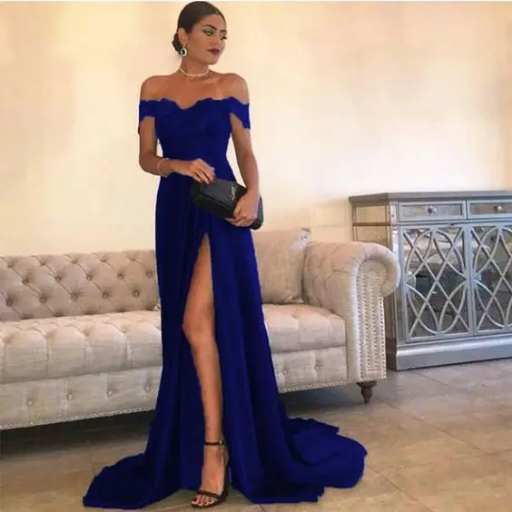 Новое поступление, длинное платье для выпускного вечера с открытыми плечами, с разрезом, с аппликацией, формальные пышные платья, Vestidos de gala, платье для выпускного вечера - Цвет: Синий