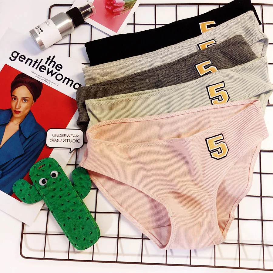 Sports Cute Simple Letter Number 5 Pure Cotton Threaded Lady's Mid-waist Triangular Underwear