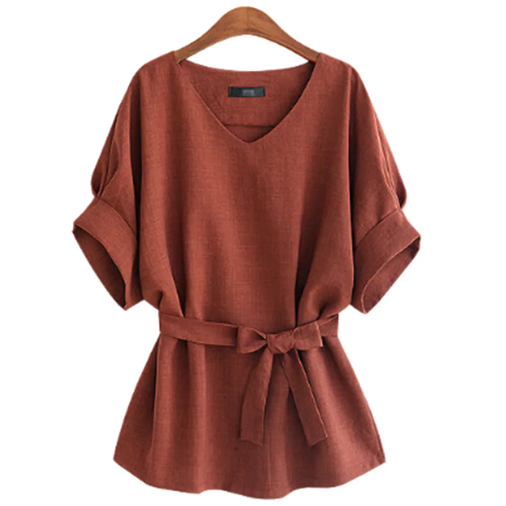 

V Neck Big Bow Batwing Tie Loose Blouse Female Top For Tops 4 Colors for Choose Women Summer Blouses Linen Tunic Shirt