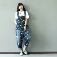 Милые повседневные Харадзюку хиппи бохо Мультяшные узоры ковбойские свободные паремы мешковатые хлопковые джинсовые синие джинсы брюки для женщин брюки
