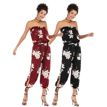 

Autumn women jumpsuit romper holiday elegant jumpsuit Ankle Length Pants sleeveless casual Print Floral Chiffon jumpsuit women