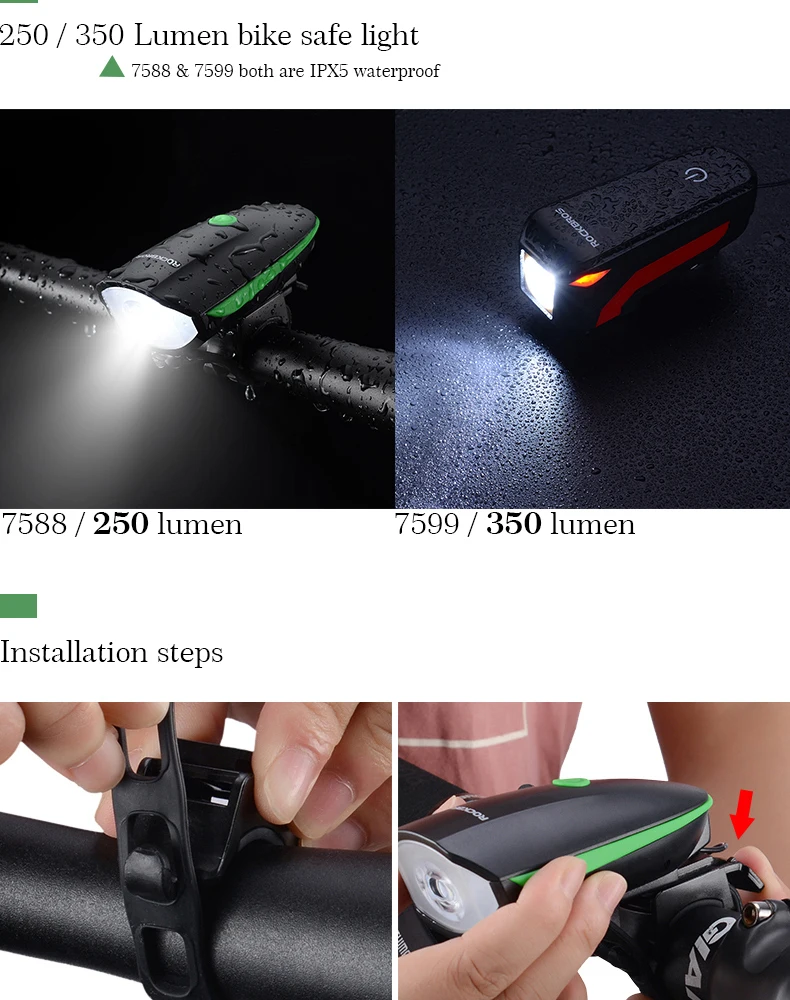 ROCKBROS Rechargeable2 в 1 свет велосипед колокол Рог 350 Люмен USB MTB велосипед передний свет электрический звонок фонарик Водонепроницаемый