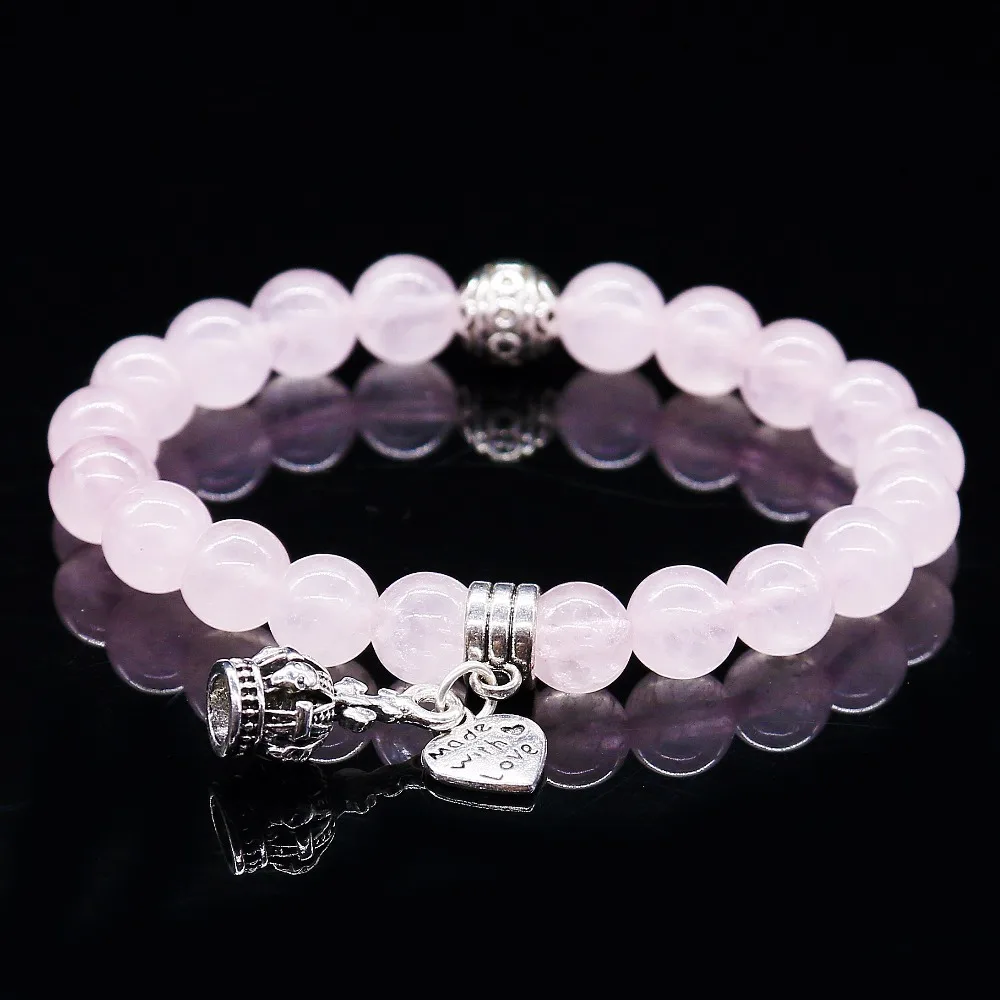 

Natural Stone Pink Crystal Bracelets & Bangles For Women Men Silver Color Pendent Charm Bracelet Casual Jewelry Love Gift