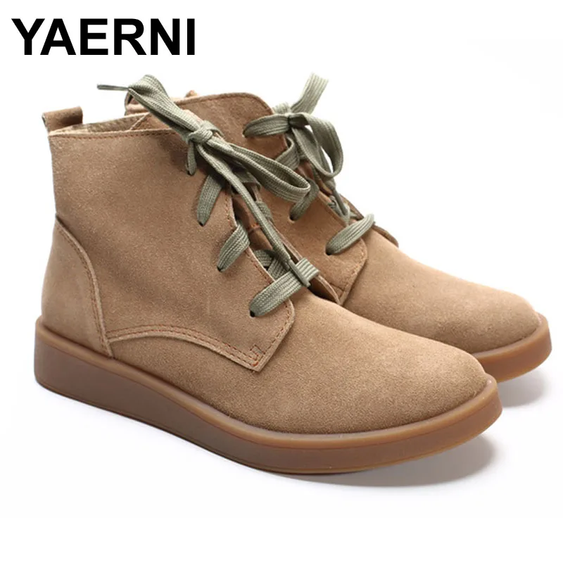 

YAERNI Shoes Woman Ankle Boots 100% Genuine Leather Women's Boots Round toe lace up Boots Female Footwear