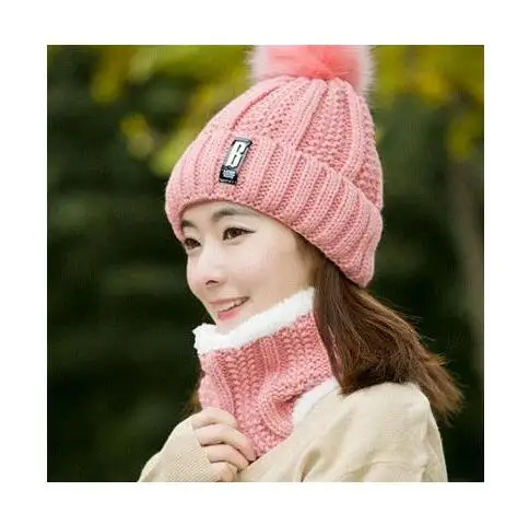 Брендовые зимние вязаные шапочки шапки женские толстые теплые шапочки Skullies шапка женская вязаная шапка с буквенным принтом шапочки уличные наборы для езды на велосипеде - Цвет: pink hat scarf