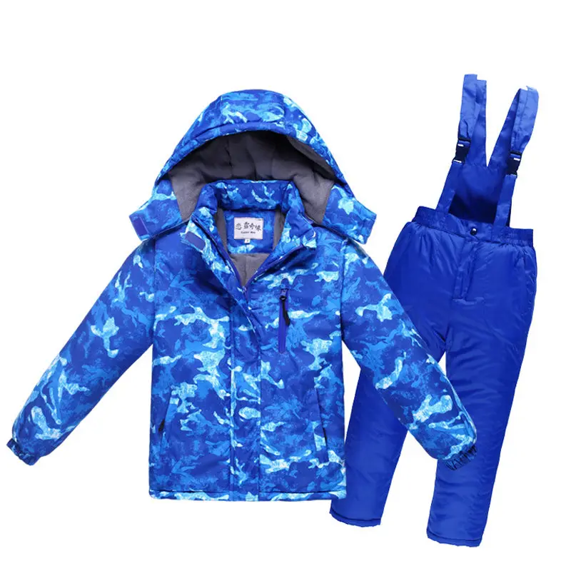 Камуфляжный детский зимний костюм-30 Спортивная одежда для улицы комплекты для сноубординга теплая детская Лыжная куртка+ комбинезон, зимние штаны для мальчиков и девочек