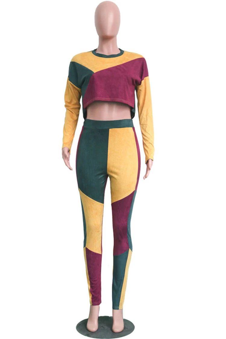 Adogirl цветной лоскутный замшевый женский спортивный костюм с длинным рукавом укороченная Футболка Топ+ брюки-карандаш повседневный комплект из двух предметов женская одежда