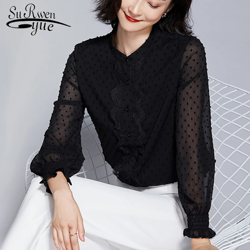 

New spring dress retro Palace temperament lady flower bud sleeve fashionable jacquard chiffon shirt Vintage Button Stand 1824 50