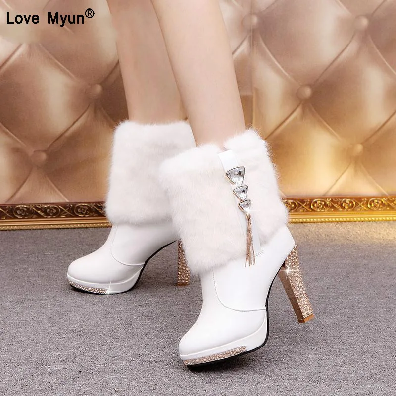 

Bling High Heels Rabbit Fur Boots Women Plush Warm Platform Shoes Elegant Crystal Lady Wedding Party High-heeled Shoes fgb78