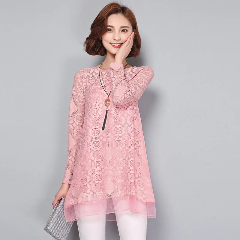 

MLXSLKY Spring and Autumn New Women's large size long sleeves loose chiffon lace blouse womens fat MM long blouse
