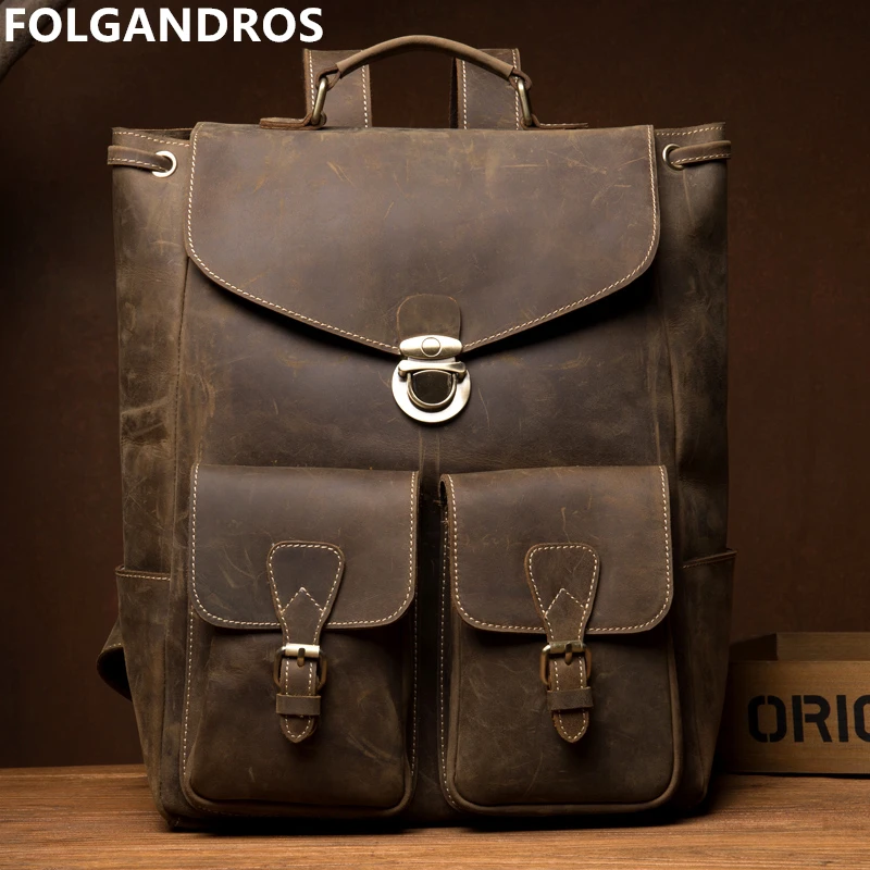 

FOLGANDROS Italian Cow Leather Backpack Men Designer Vintage Top Genuine Leather Rucksack Brand Overnight Weekender Daypack Bag