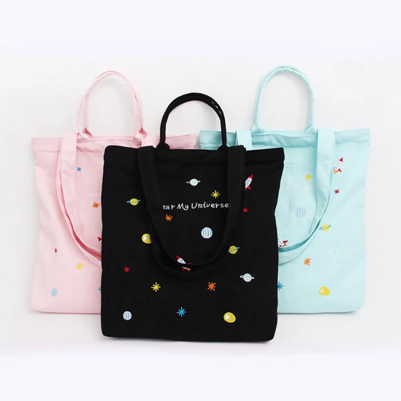 

Hot Universe And Flower Embroidered Canvas Handbag Mummy Fresh Style Cotton Shopping Tote Bag Gift For Women BVN66