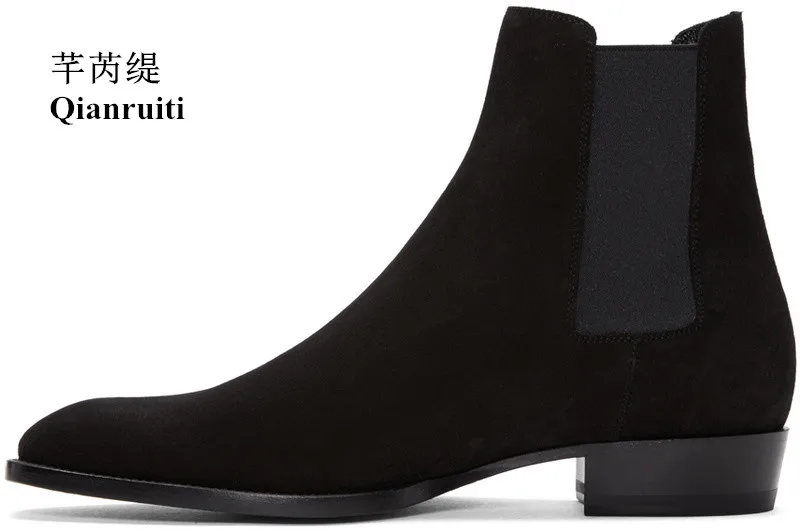 Qianruiti autumn winter men Chelsea boots black suede low heeled british vintage style western street boots male shoes