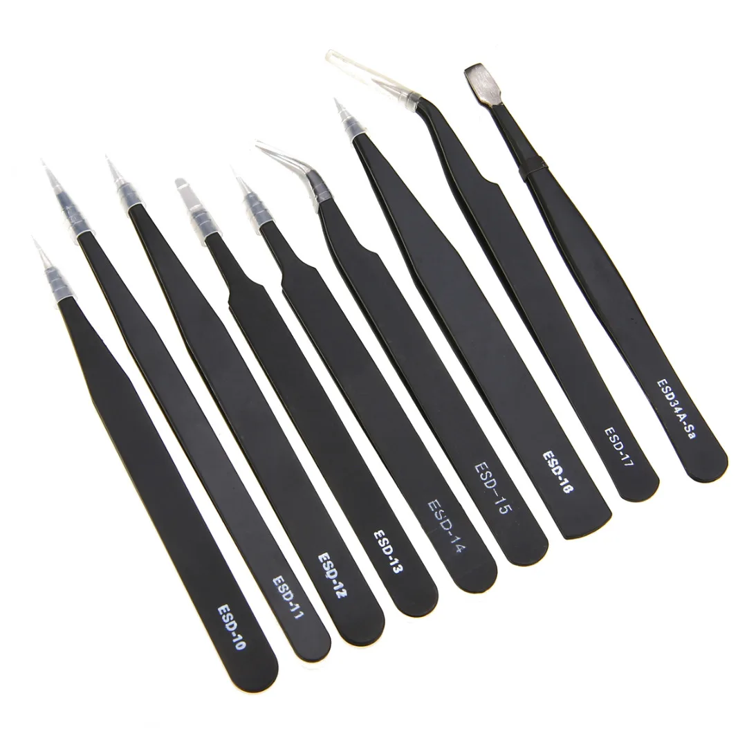 9PCS Stainless Steel Anti Static Tweezers Set Repair Tool Kit High Precision Tweezers for Jewelry Leather Work Hand Tools