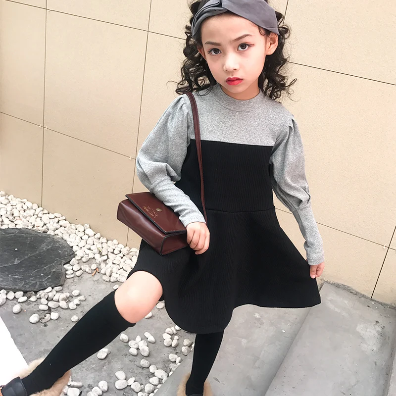 

High quality girl stitching fake two-piece fashion long-sleeved dress 2018 autumn new big children's dress