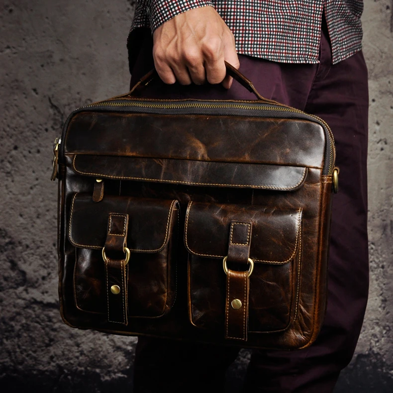 Men Real Leather Antique Design Business Briefcase 13" Laptop Bag Attache Portfolio Bag Tote One Shoulder Messenger Bag B207-c