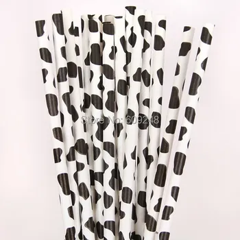 

100pcs Mixed Colors Printed Black Cow Paper Straws, Cheap Cute Biodegradable Vintage Party Supplies Paper Drinking Straws