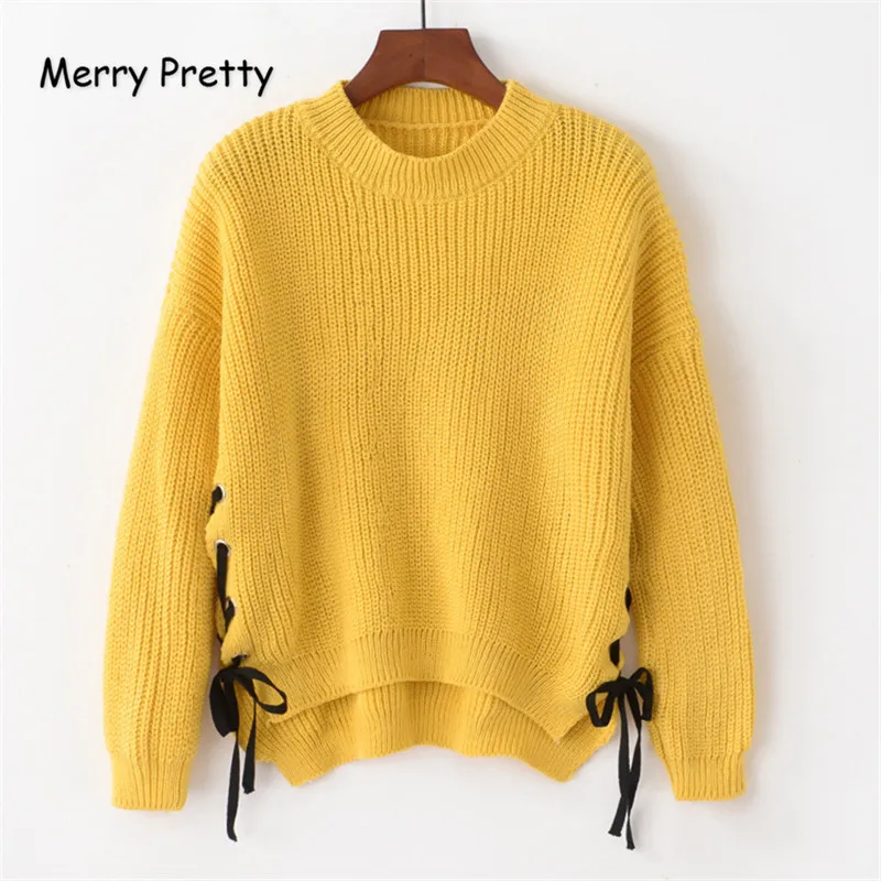 Веселый симпатичный желтый свитер на шнуровке, женские вязаные шикарные модные пуловеры с круглым вырезом, осенне-зимние повседневные свободные джемперы с длинным рукавом - Цвет: Цвет: желтый