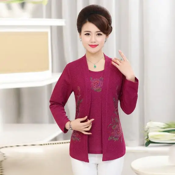 

fake two pieces long sleeves tshirt spring autumn new middle old age mother clothes diamond plus size women top pullover DV132