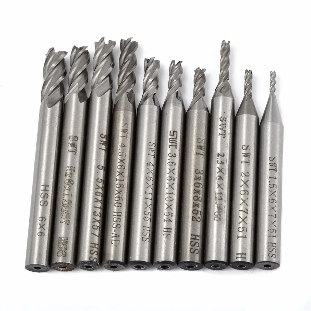 10pcs/Set HSS 4 Flutes End Mill Straight Shank CNC Cutting Bits 1.5 6mm