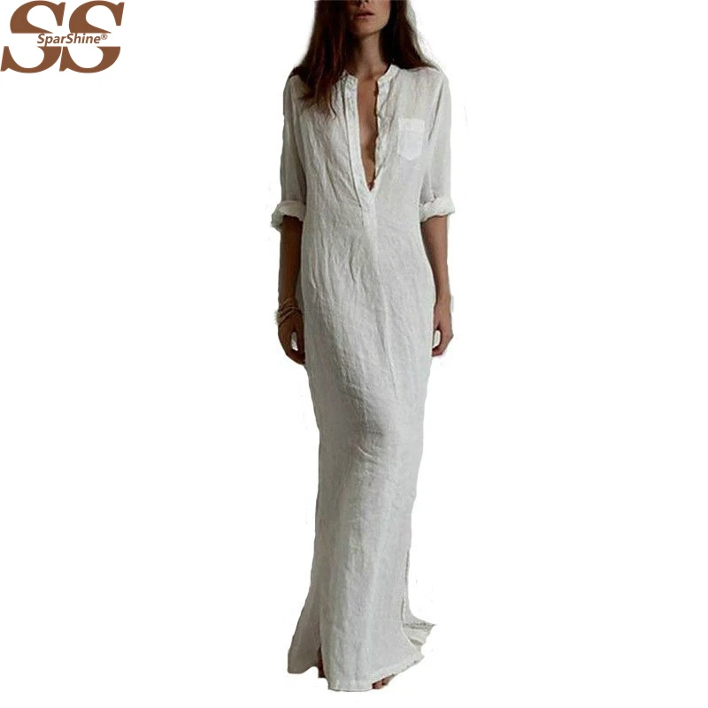 Long Sleeve Deep V Neck Linen Split Solid Long Cotton Maxi font b Dress b font
