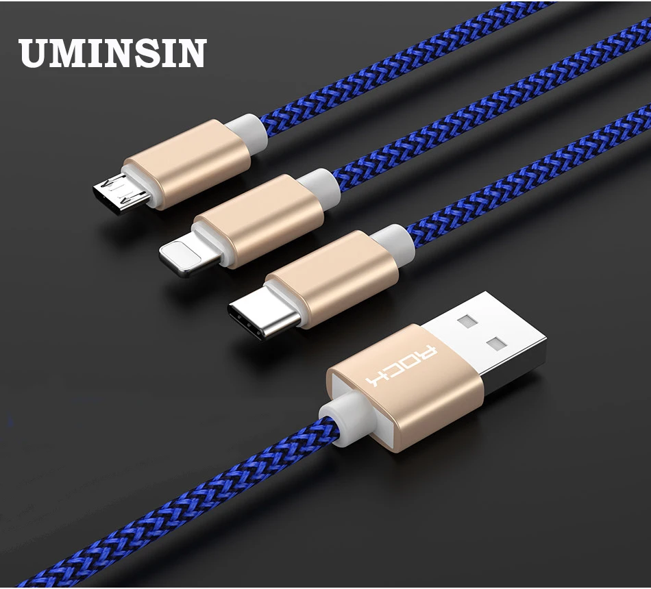 

ROCK 3A Hi-Tensile 3 in 1 USB Cable Lighting cable Micro Type C For iPhone 8 7 6 5 Xiaomi Samsung phone Quick Charger cord 1.2M