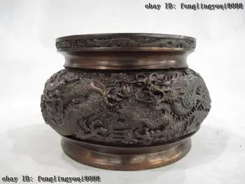 

Chinese Buddhism Bronze Copper Six Dragon Bowl Tank Pot Incense burner Censer