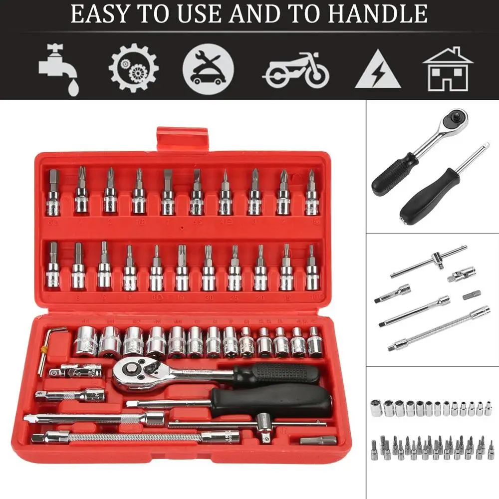 

46pcs Car Repair Tool 1/4-Inch Drive Metric Socket Ratchet Torque Wrench Set Extension Bar Truck Case Combination Bit Kit