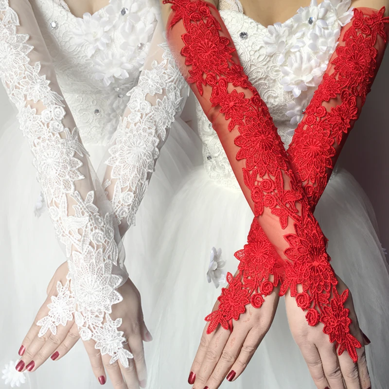 

Long Ivory Red Lace Gloves for Bridal Flower with Pearls Women's Wedding Gloves gants mariage