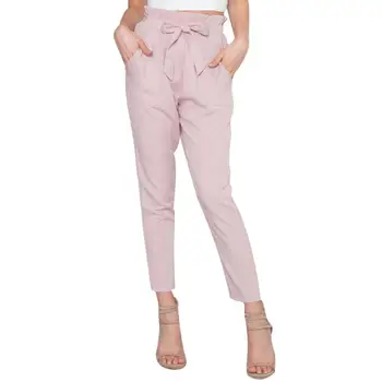 

Casual Spring Women Solid Color Belted High Waist Ninth Pants Slim Fit Trousers