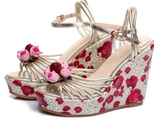 

Choudory Brand 2017 Summer Rose Flower Decorations Woman Shoes Sexy Open Toe Platform Wedge Sandal Ankle Strap Cutouts Sandal