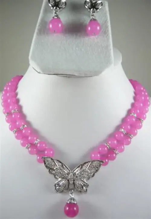 

Hot selling> Charming! 2Rows Pink Chalcedony Necklace Earring Set