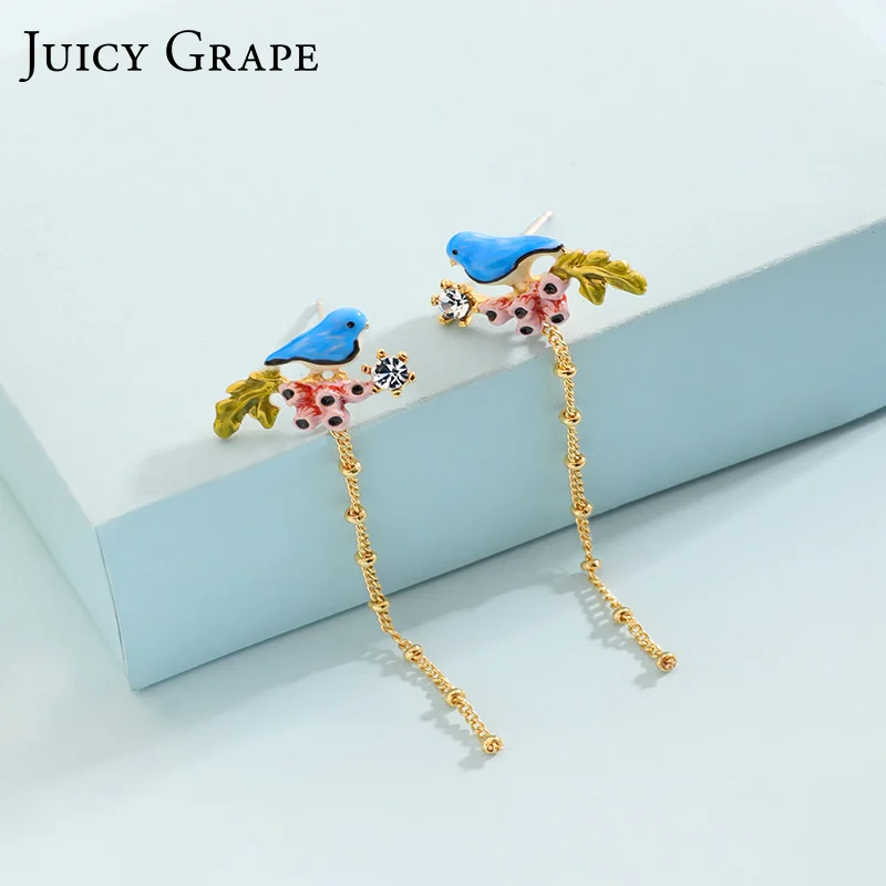 

Juicy Grape Enamel Glaze Copper Gilded Spiral Earrings for Women Ear Hook Ear Clip Blue Bird Animal Earrings Fashion Jewelry