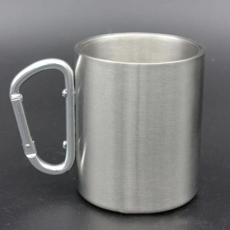 Nueva venta 330 ml taza de acero inoxidable con plegable auto-bloqueo mosquetón mango plegable mango taza para Camping al aire libre senderismo