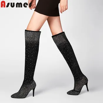

ASUMER big size 32-43 over the knee boots women pointed toe flock autumn winter boots thin high heels thight height ladies boots