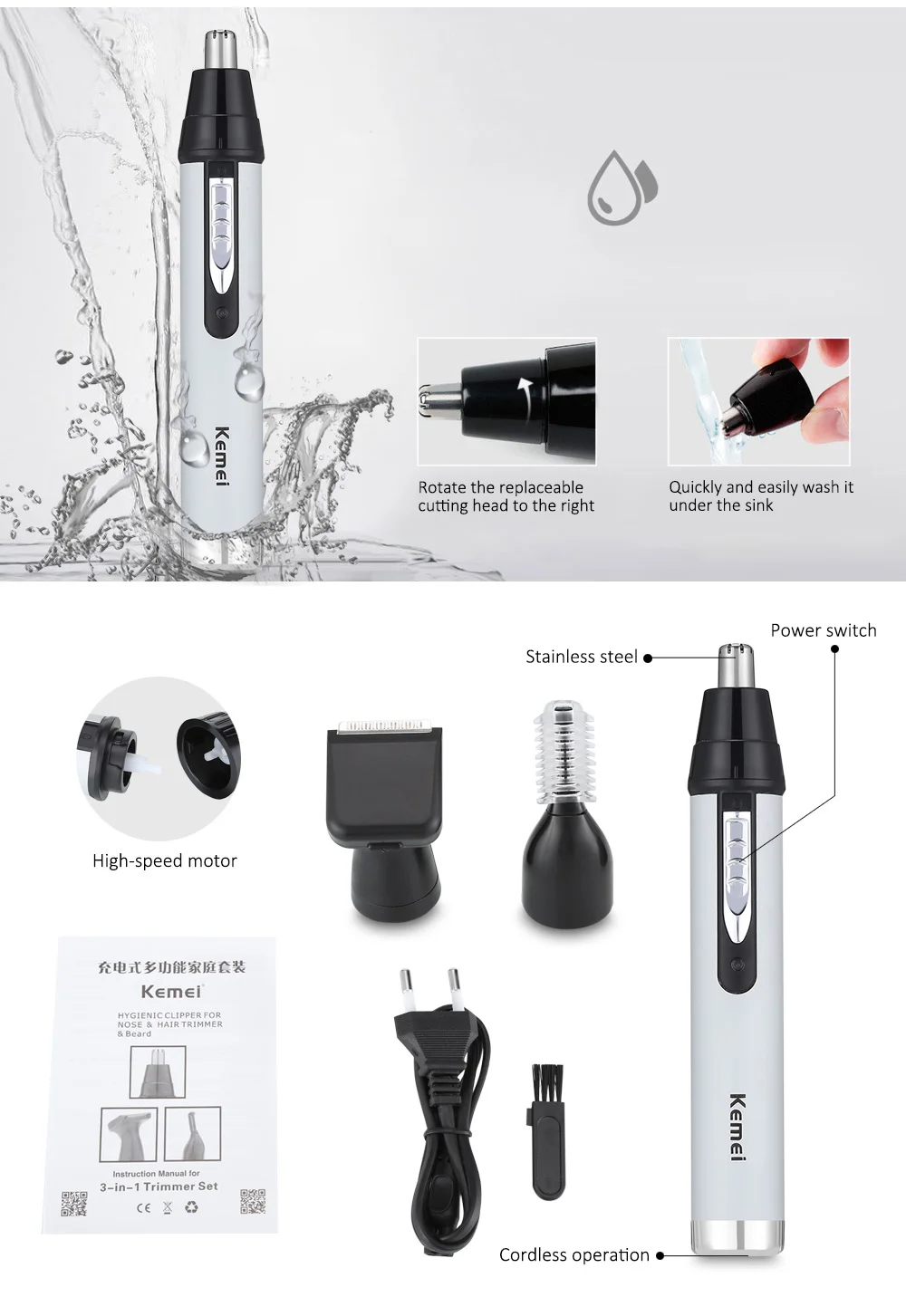

Kemei KM - 6651 3 in 1 Rechargeable Nose Ear Hair Trimmer Mini Hair Trimmers Kit Multi-functional Nose & Ear & Sideburn Trimmer