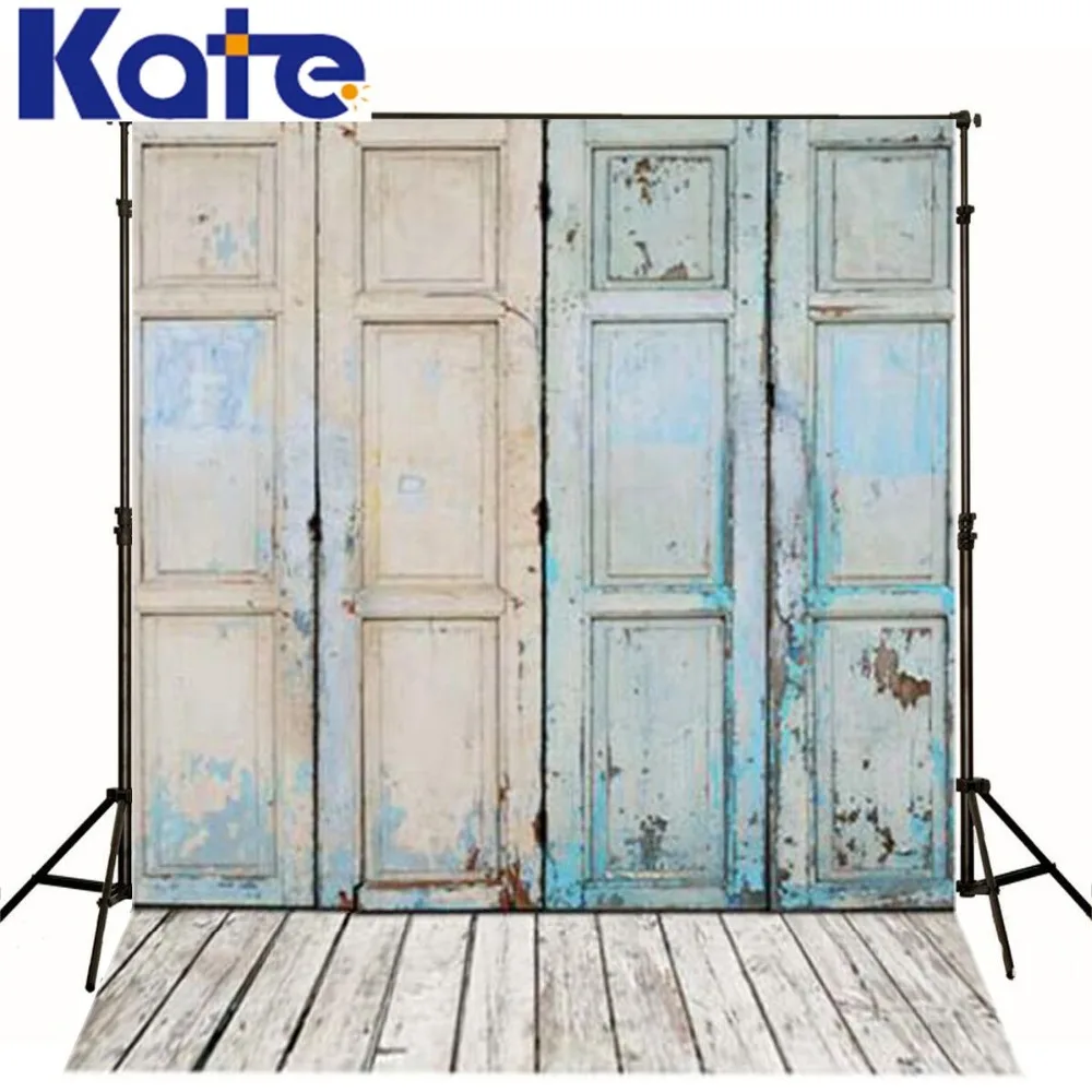 

Kate Digital Photography Background Wood Floor Rusty Iron Gate For Children Photo Studio Blue Photographic Backdrop