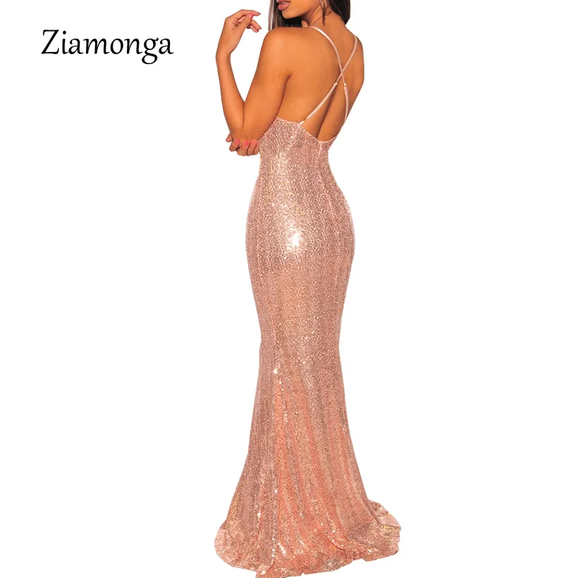 Ziamonga облегающее платье, элегантное платье с глубоким v-образным вырезом, открытая спина, вечерние Макси платья летние пикантные блесток длинное платье в стиле "Русалка" Для женщин Vestidos