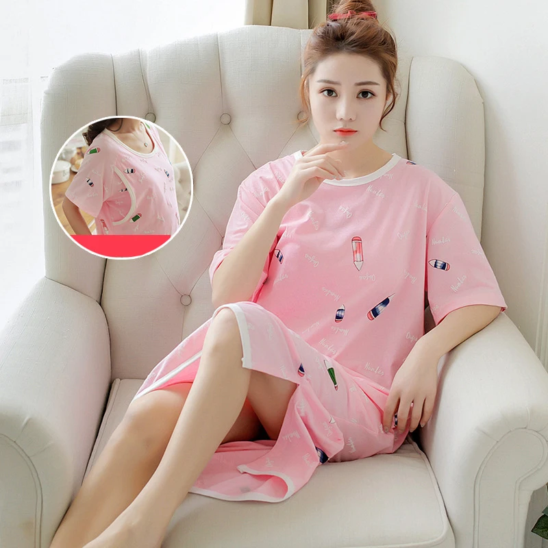 

Summer Nightwear Maternity Plus Size Nursing Sleepwear Cartoon Print Pregnancy Dress Thin Pregnant Breastfeeding Nightgown