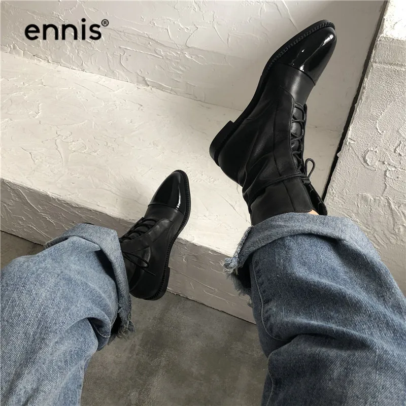 ENNIS/ женские сапоги на плоской подошве осенне-зимние сапоги до середины икры из натуральной кожи на шнуровке обувь с круглым носком женские сапоги В рыцарском стиле новинка A9125