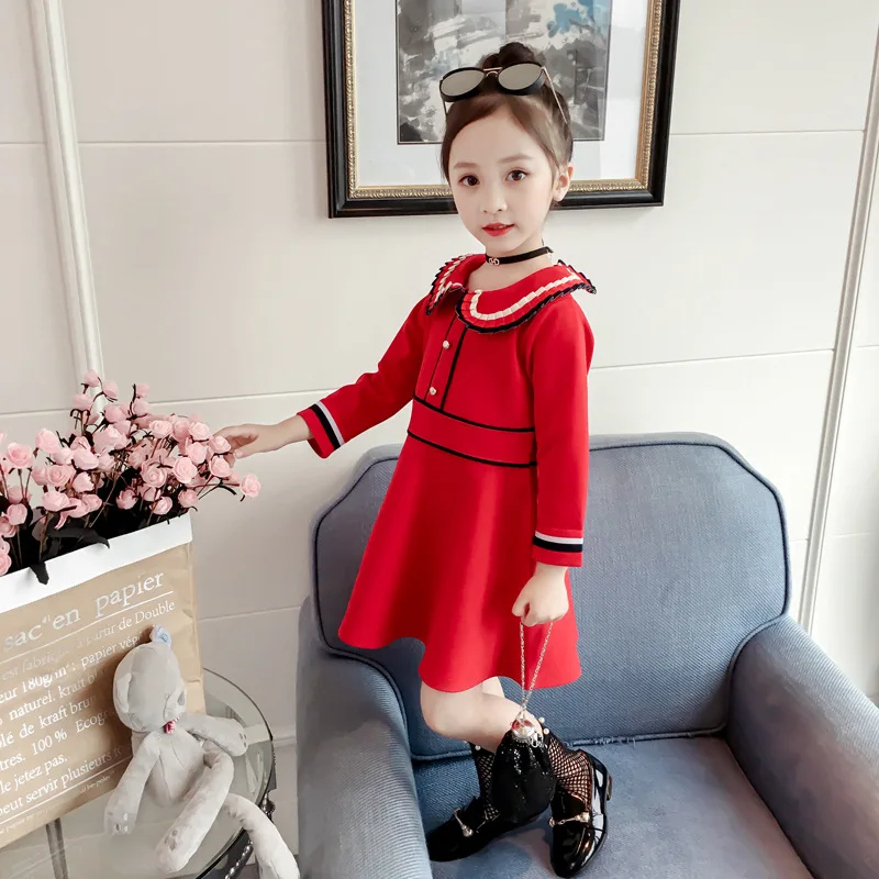

2018 Spring&Autumn Girl Kids Ribbons Red Dress Girl Toddlers Princess Dress Red Cotton Party Button Dress for Baby Girls Clothes