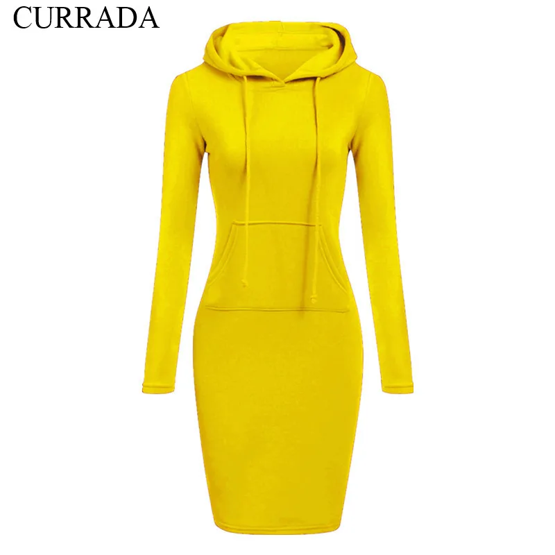 

CURRADA Yellow Hooded Drawstring Fleeces Women Dresses Autumn Winter Warm Dress Women Vestidos Hoodies Sweatshirt Dress