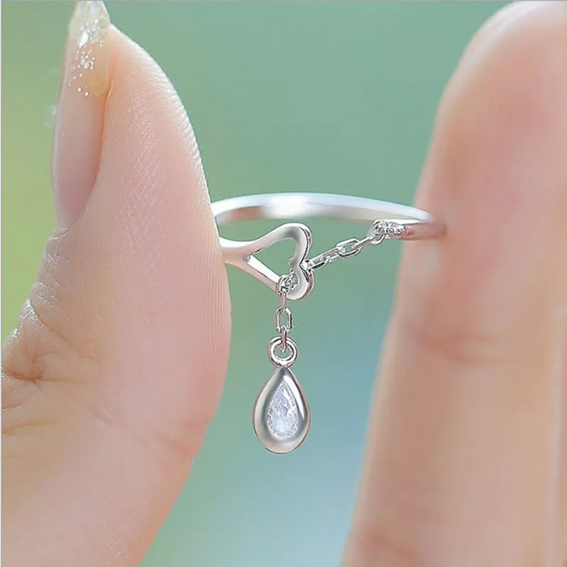 Simple Open Adjustable Thin Ring With Chain Crystal Rings For Women