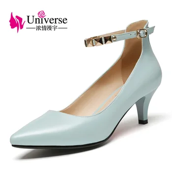 

Universe Genuine Leather Women Shoes Med Heel Pumps Sweet Elegant Dress Shoes Thin Heel Pointed Toe C057